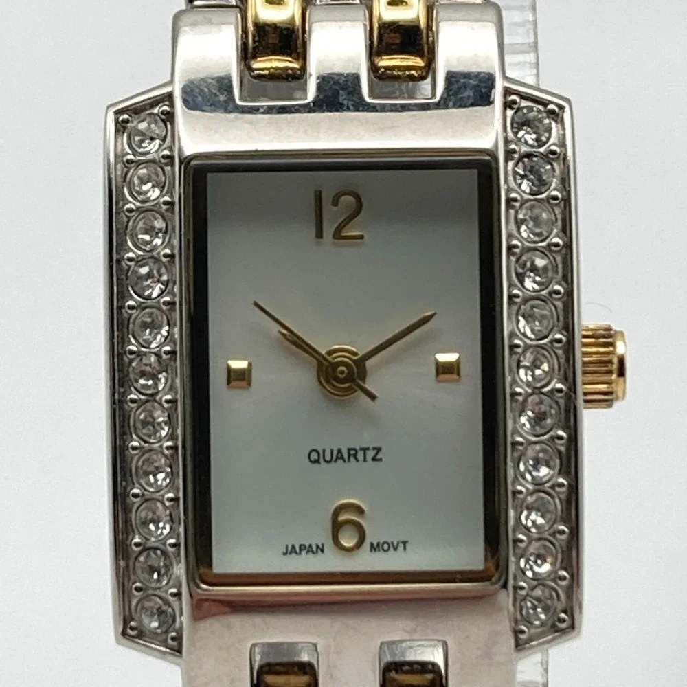 Womens Tank Watch Gold Silver Two Tone 19mm Crystals Bling New Battery 6.5